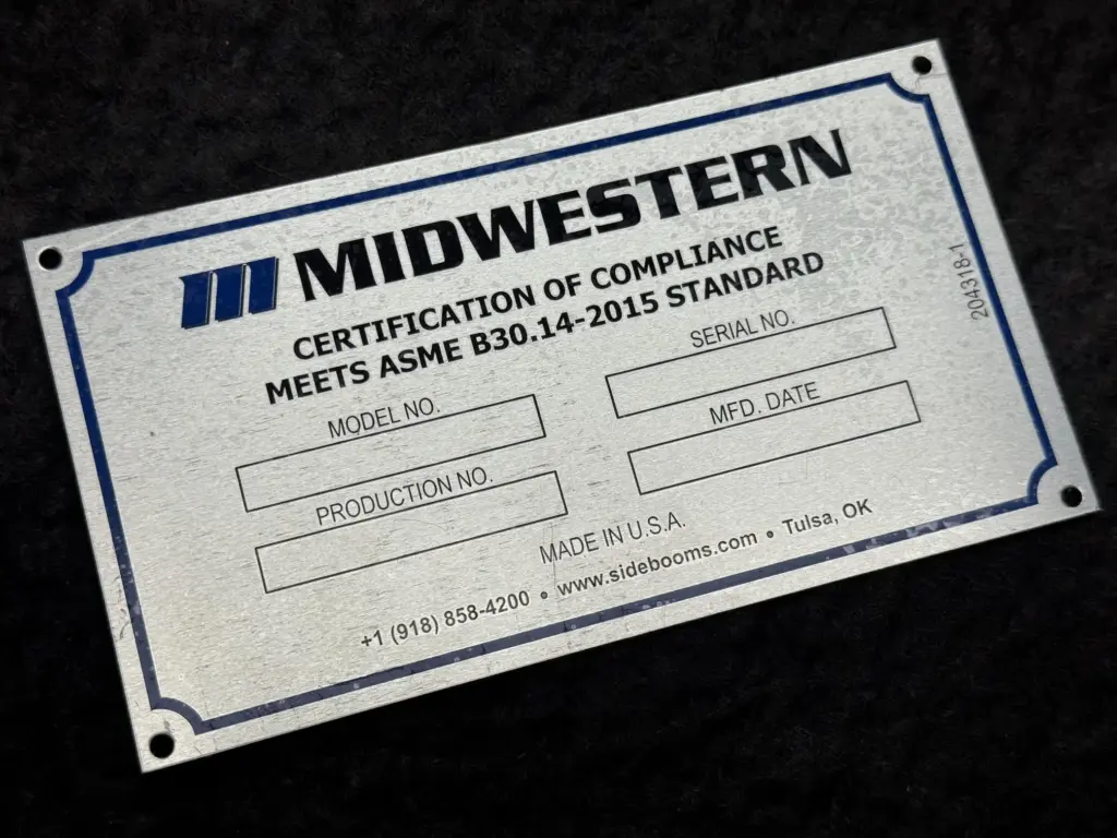 Photo of Midwestern Manufacturing ASME B30.14 sideboom certification of compliance.