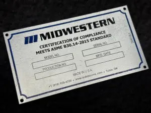 Photo of Midwestern Manufacturing ASME B30.14 sideboom certification of compliance.