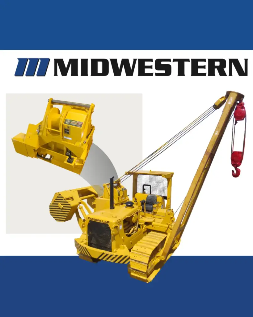 Hydraulic conversion kit pipelayer from Midwestern Manufacturing, showing the electro-hydraulic winch kit alongside a converted CAT mechanical pipelayer with the boom raised.