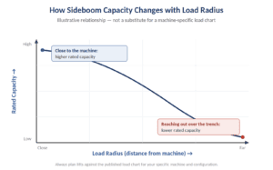 Rated capacity falls as the load moves farther from the machine. Actual figures come from your machine's published load chart.